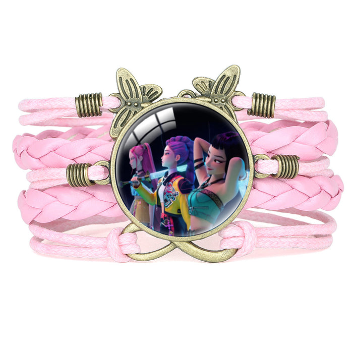Wholesale KPOP Retro Butterfly Combination Cute Pink Multi-Layer Braided Girl Bracelet