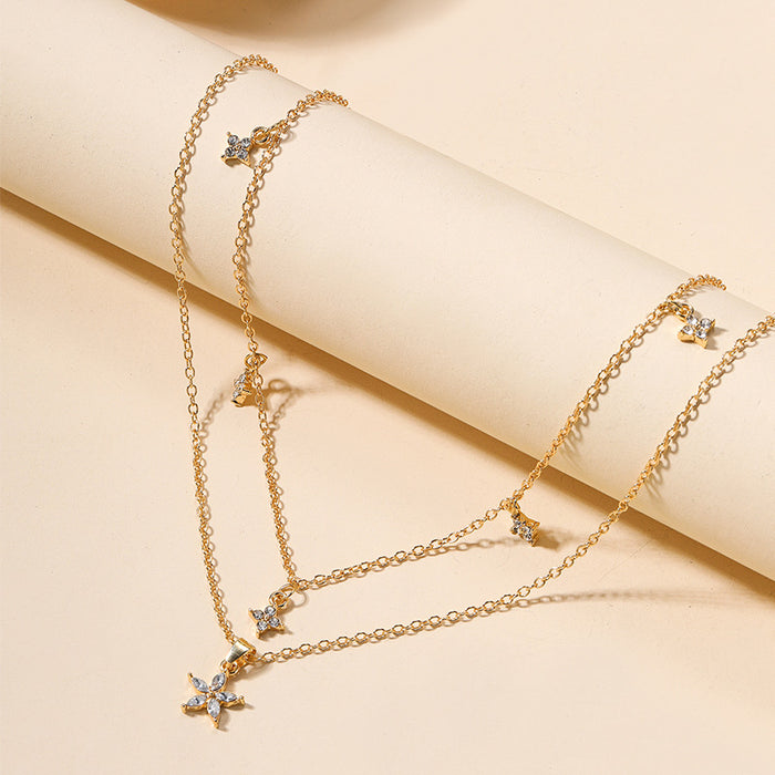 Wholesale New minimalist jewelry alloy diamond studded pentagonal star necklace, personalized flower multi-layer necklace