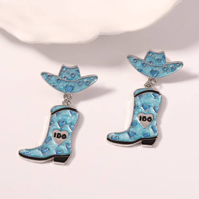 Wholesale Western Denim fashion creative alloy hat shoes drop oil Love earrings