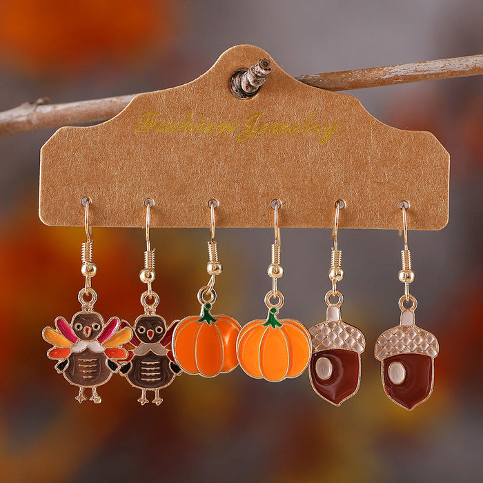 Wholesale Thanksgiving Turkey Pumpkin Earring Set Creative Sandwich Pine Cone Oil Drop Jewelry for Women