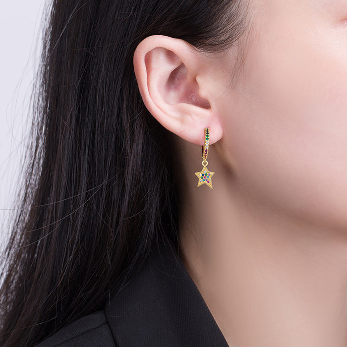 Wholesale gold and diamond five-pointed star earrings,  rainbow zircon star pendant earrings,  light luxury vacation style,  versatile earrings