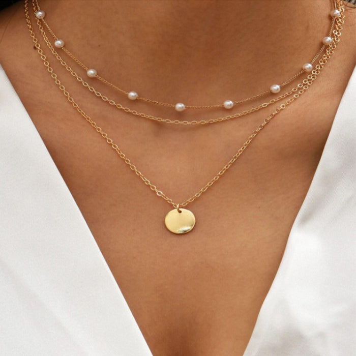 Wholesale Pearl Love Necklace Versatile Multi layer Stacked Collarbone Chain Retro Simple Round Pendant Item Jewelry