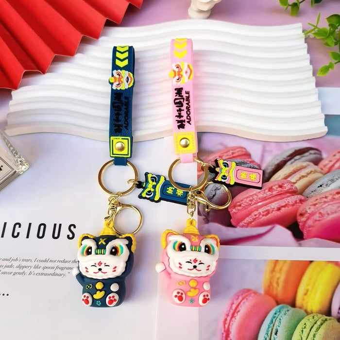 Wholesale Cartoon National Fashion Lion Dance Lucky Cat Keychain Pendant Chinese Red Couple Doll Small Pendant Personalized Car Pendant