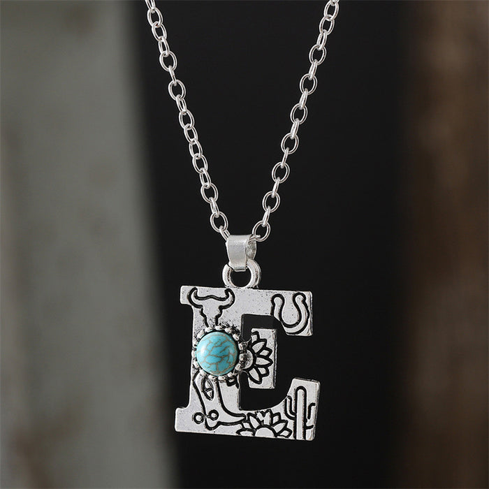 Wholesale 2pcs Retro 26 English Letter Turquoise Necklace