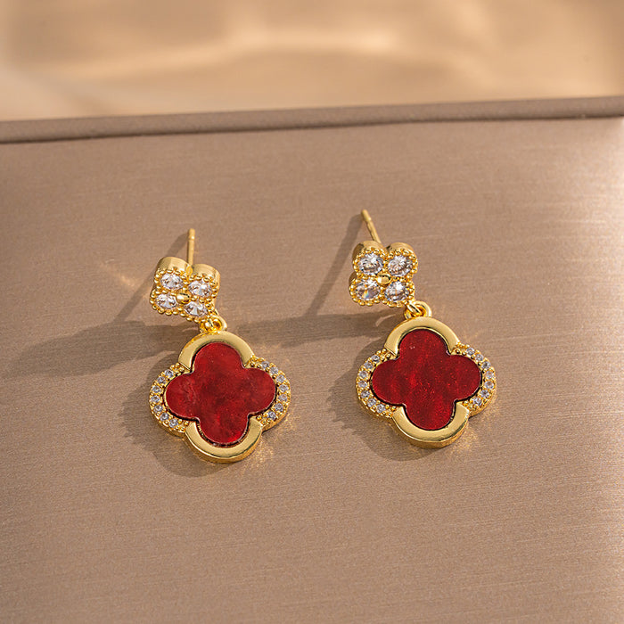 Wholesale Micro inlaid lucky grass necklace earring set, light luxury, personalized temperament, earrings and accessories combination