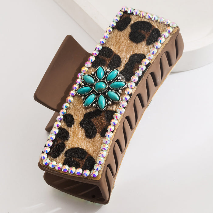 Wholesale retro leopard print leather clip western Denim wind encrusted turquoise hair clip