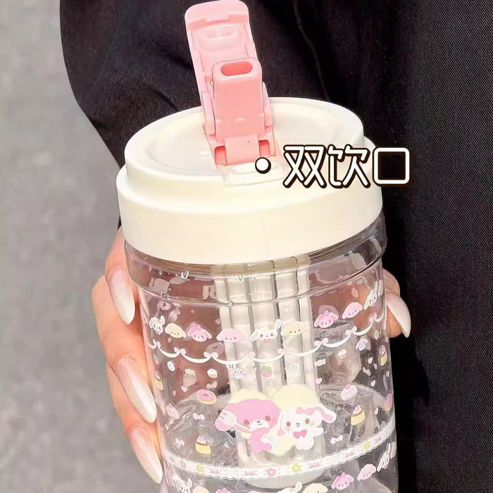 Wholesale Plastic Double Straw Cup With Carrying Rope Large Capacity Tea Water Separation Cartoon Design Trendy Summer Drinkware For Women
