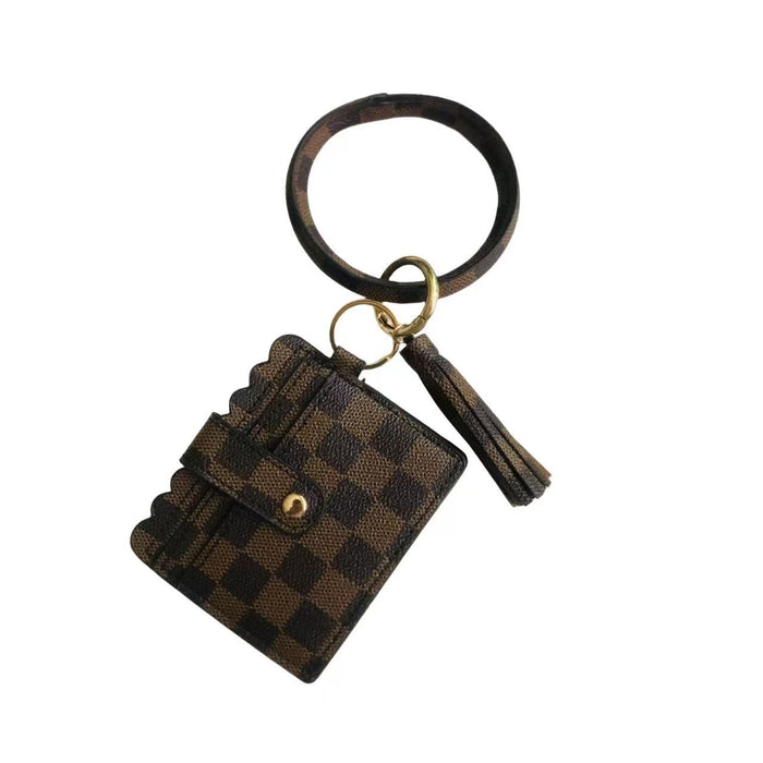 Wholesale Off-white Brown Plaid PU Leather Card Holder Wrist Keychain JDC-KC-HTong002