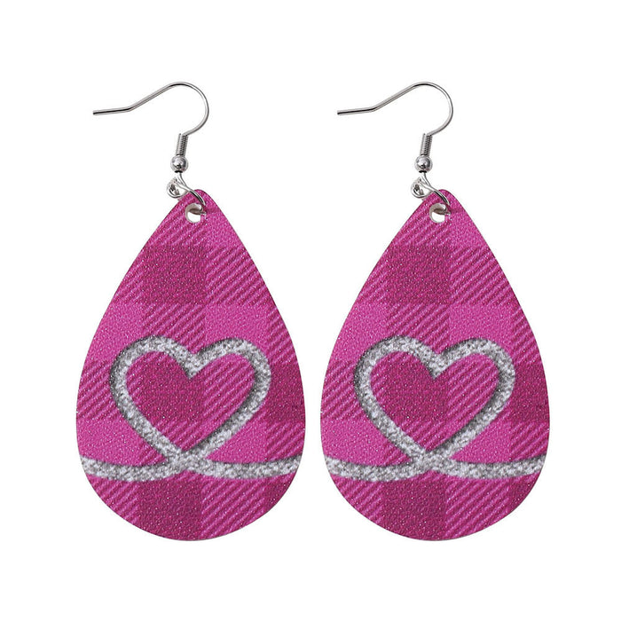 Wholesale Earrings PU Plaid Love Heart Double Sided Water Drop Earrings  JDC-ES-ChL009