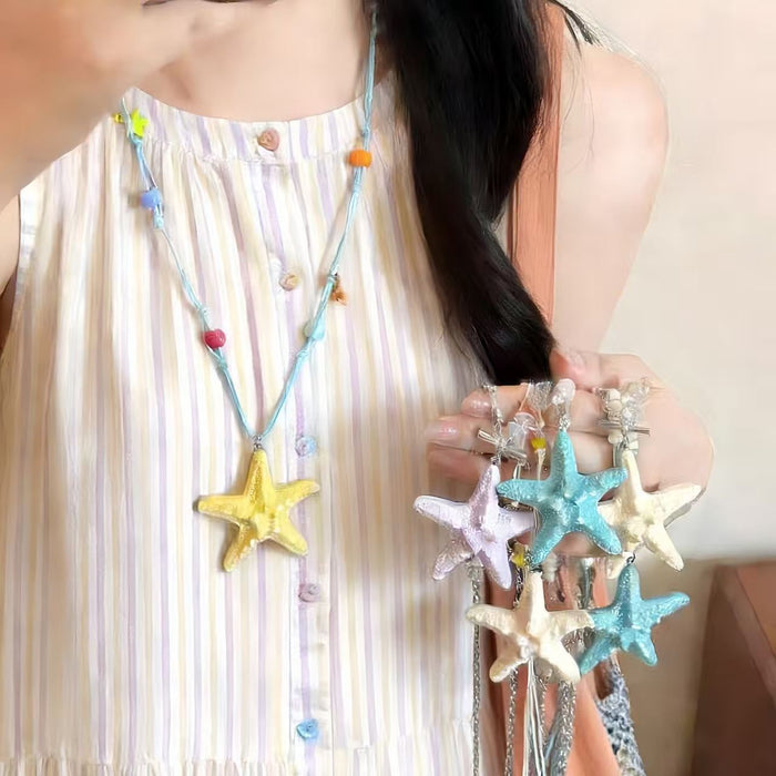 Wholesale Handmade Alloy Beaded Starfish Necklace Yellow Sea Star Blue Thread Beach Vacation Style