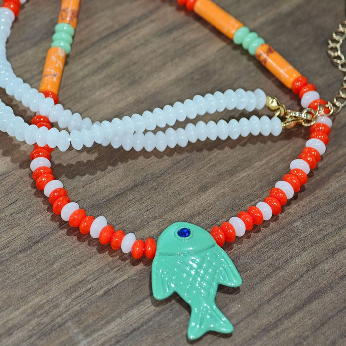 Wholesale Summer Ocean Fish Design Glass Pendant Necklace Electroplated Trendy Collarbone Chain