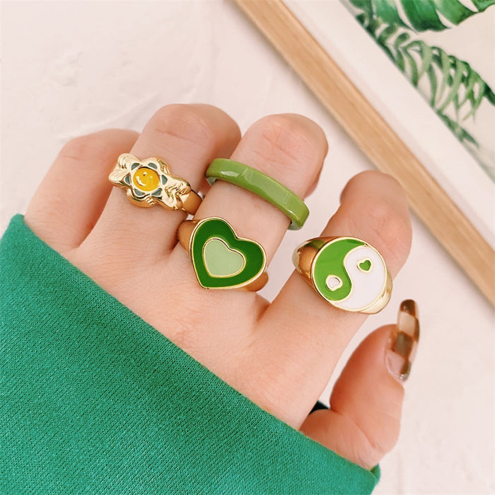 Wholesale Alloy Oil Drop Butterfly Smiley Face Ring 6-piece Set JDC-RS-HanShi008