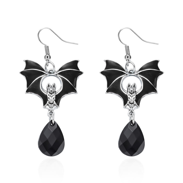 Wholesale Gothic Bat Wing Necklace and Earring Set Black Red Rhinestone Vintage Metal Chain