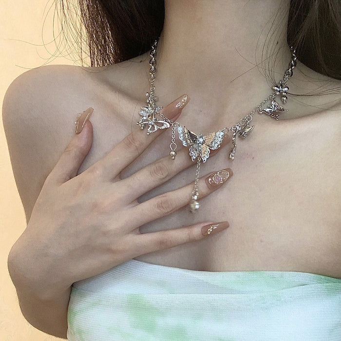 Wholesale Butterfly tassel necklace, double-layer layered versatile heart pendant, collarbone chain