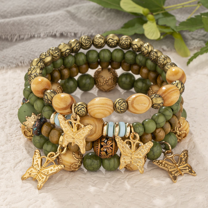 Wholesale Boho Style Multi-Layered Wood Beads Beaded Butterfly Pendant Bracelet JDC-BT-FeiYa006