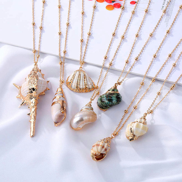 Wholesale 2PCS Alloy Beach Shell Gold Plated Pendant Conch Necklace JDC-NE-HanShi001