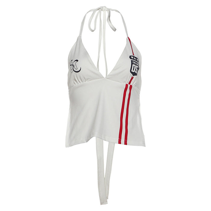 Wholesale World Cup Chic Halterneck Lace-Up V Neck Letter Print Top for Stylish Casual Wear