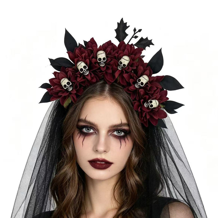 Wholesale Dark Style  Witch Mesh Headband With Skull Buckle And Faux Flower For Party Costume Accessory Resale
