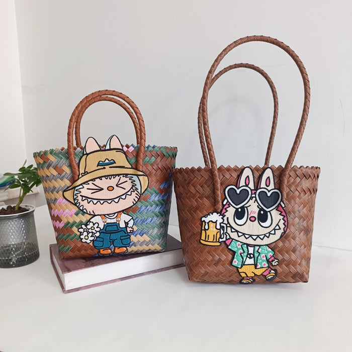 Wholesale Woven Basket Bag Shoulder Hand Bag Cute Rattan Cloth Cartoon Woven Bag