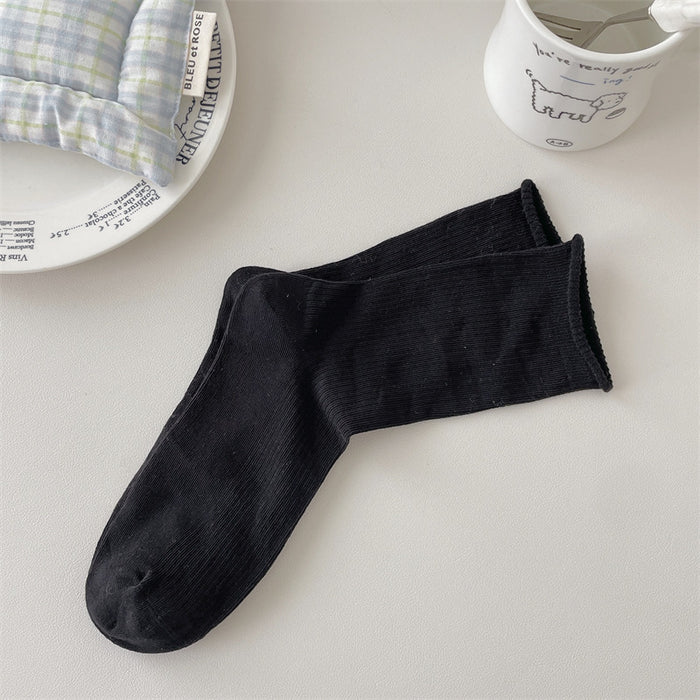 Wholesale Boneless solid color rolled edge vertical strip thin breathable cotton elastic mouth middle tube stacking socks