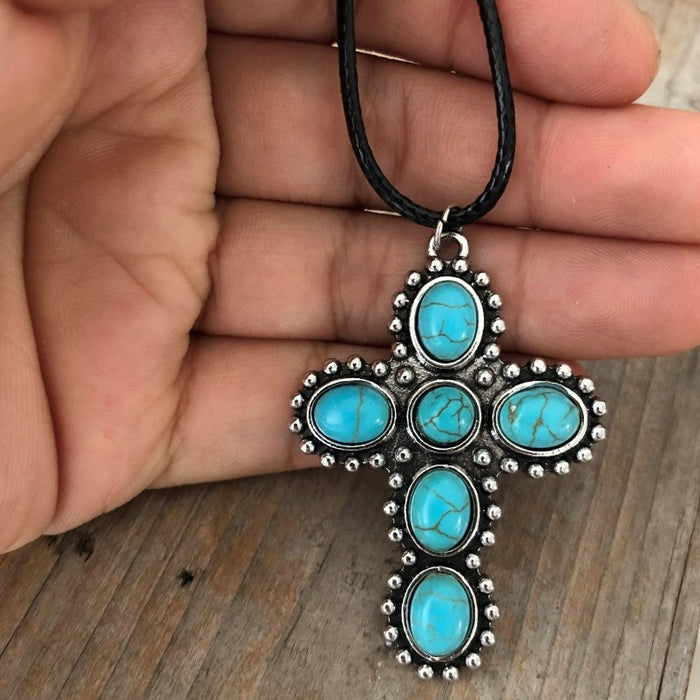 Wholesale Vintage turquoise cross necklace, antique silver clothing accessory necklace