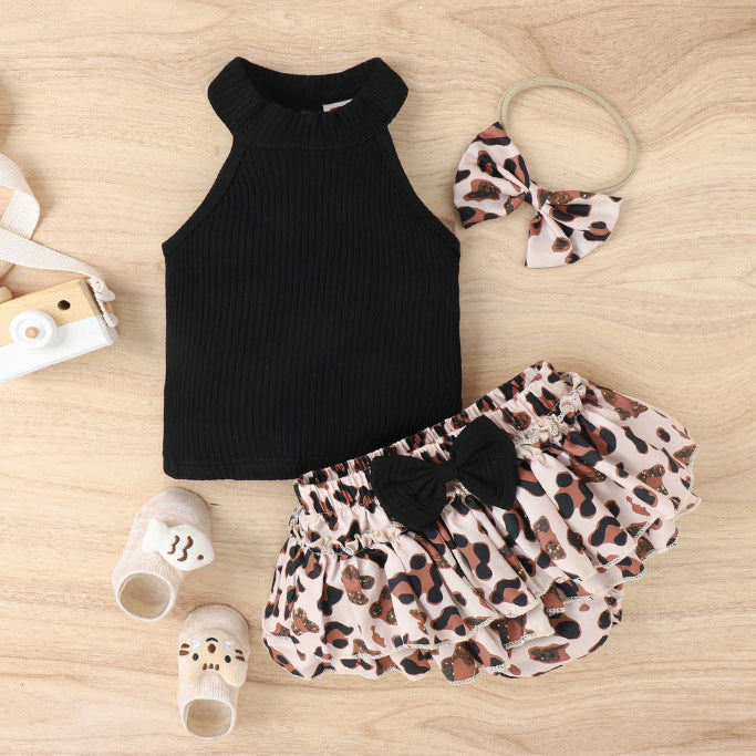 Wholesale three-piece romper suit baby leopard print butterfly skirt bag pants suit