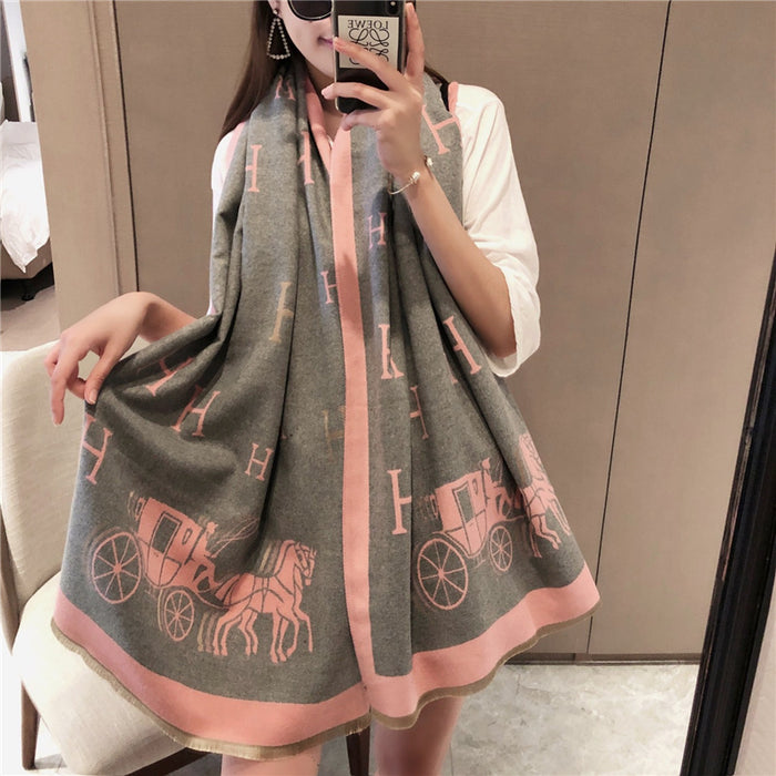 Wholesale H Carriage Medium Length Imitation Cashmere Scarf Korean Retro Neck Thick Warm Female Shawl JDC-SF-Yunt004