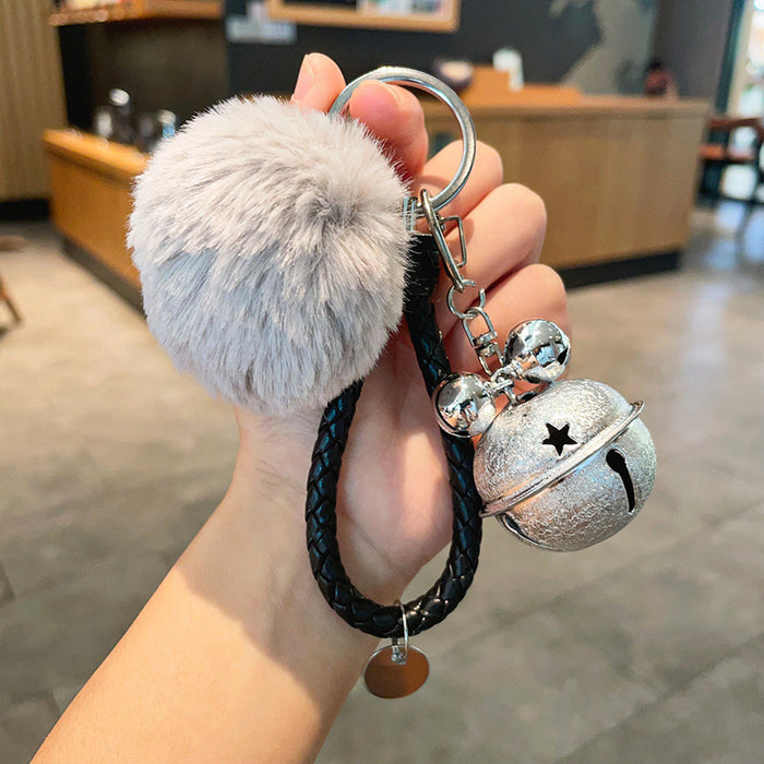 Wholesale Fur Ball Two-color Bell Leather Rope Keychain JDC-KC-YuanD003