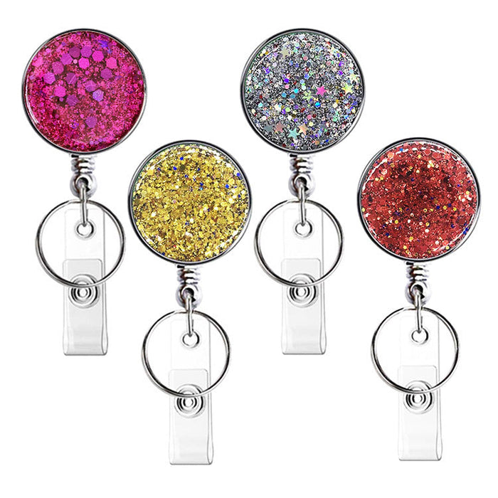 Wholesale UV Electroplated Resin Glitter Sequins Epoxy Badge Reel Retractable Keychain JDC-KC-QiDing013