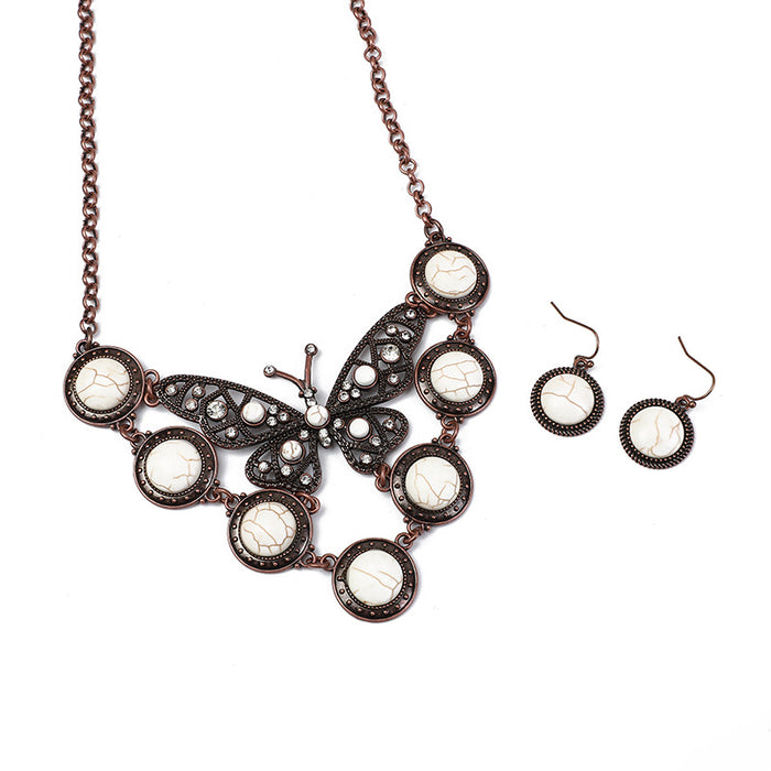 Wholesale Bohemian Turquoise Butterfly Necklace and Earring Set Metal Alloy Jewelry