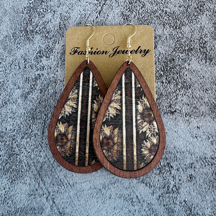 Wholesale Aztec ethnic style wood earrings water drop printing retro texture