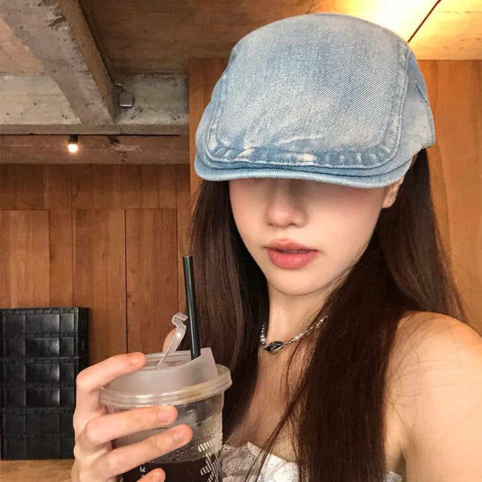 Wholesale Retro washed denim front versatile reverse ducktongue beret hat