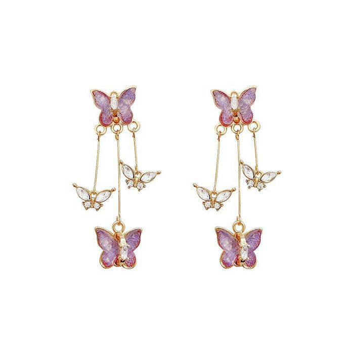 Wholesale Silver Needle Butterfly Earrings, Light Luxury, High Grade, Sparkling Diamond Long Earrings, Retro Style Earrings
