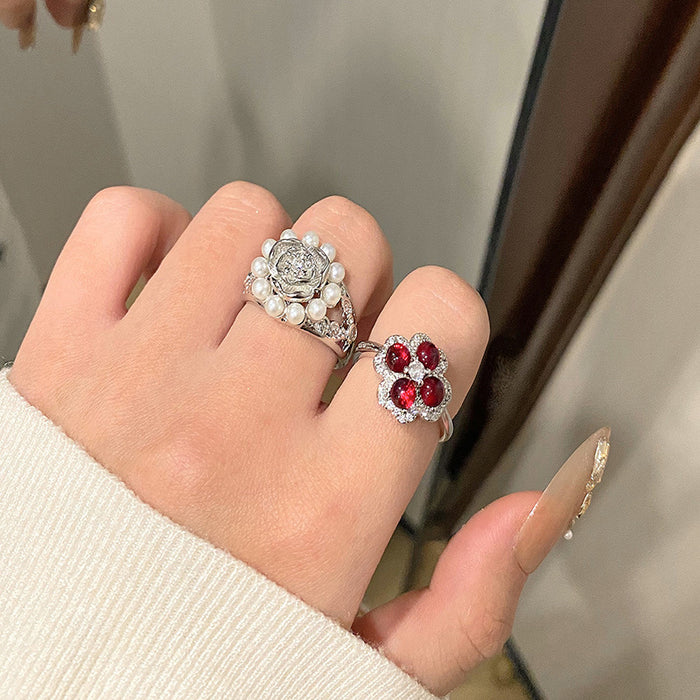 Wholesale Minimalist round bead flower ring with niche design, butterfly purple diamond layered with heart-shaped index finger ring