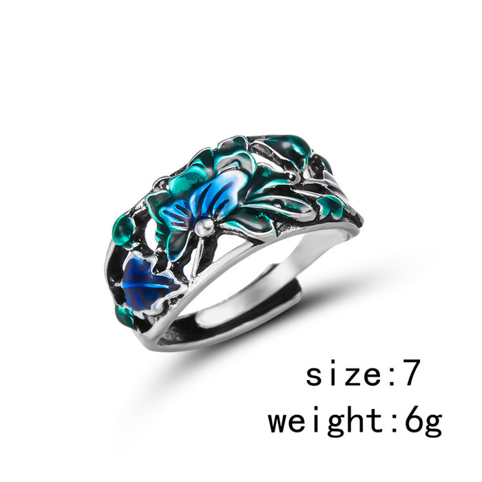 Wholesale Indigo oil Blue Plum Blossom ring niche national fashion ethnic style ring