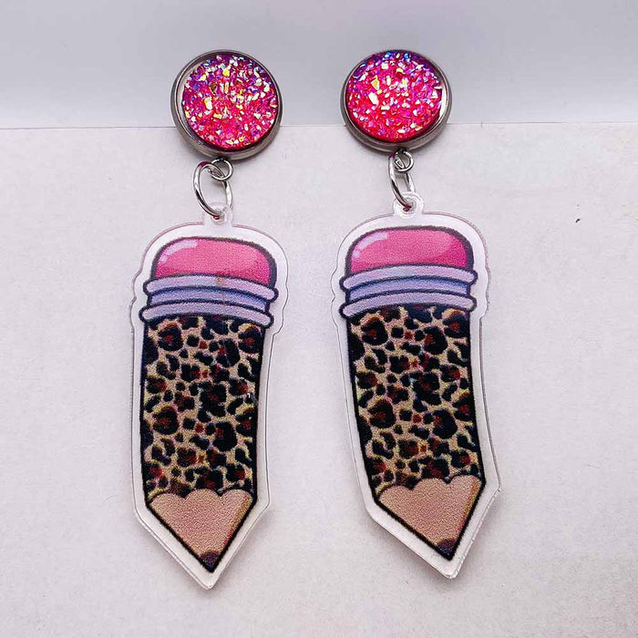 Wholesale Teacher' s Day Earrings Leopard Pencil Ruler Acrylic Earrings School Season Student Earrings Jewelry