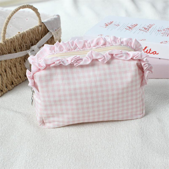 Wholesale Trendy Black Plaid Pleated Lace Pencil Case Large Capacity Student Stationery Pouch Boutique Gift