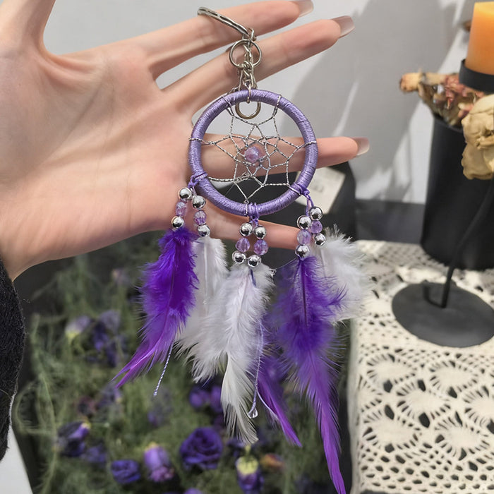 Wholesale Handmade Red Feather Dreamcatcher Keychain Nordic Style Couple Gift