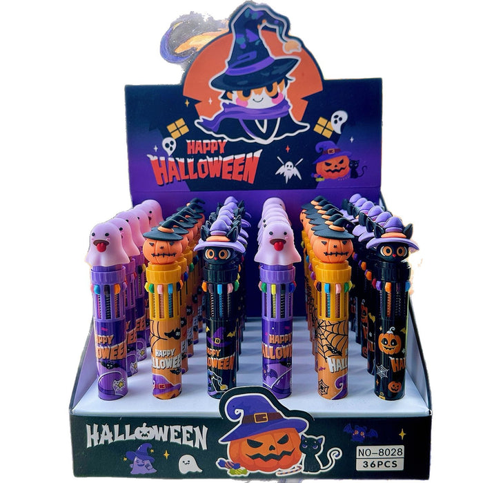 Wholesale 36pcs Halloween Soft Rubber Grip 10-Color Ballpoint Pen Set Cartoon Design