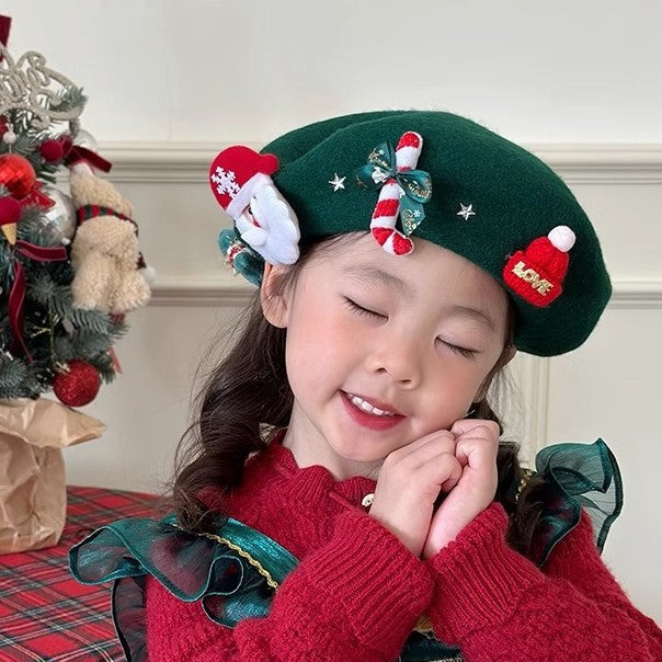 Wholesale Autumn and Winter Christmas Family Beret Sweet Kidsren' s Painter Hat Cute Versatile Warm Wool Red Hat for Girls