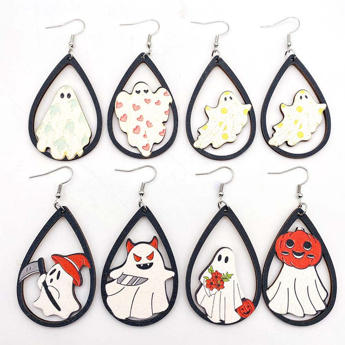 Wholesale Wooden earrings with ghost pumpkin print pendant earrings,  new  wooden earrings