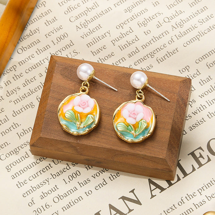 Wholesale Colored oil dripping flower earrings with a light luxury and high-end feel, fresh and fashionable temperament earrings