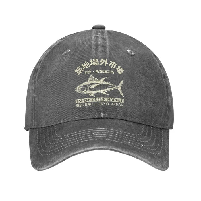 Wholesale Retro Japanese Tuna Print Washed Baseball Cap Adjustable Summer Sun Hat For Resale