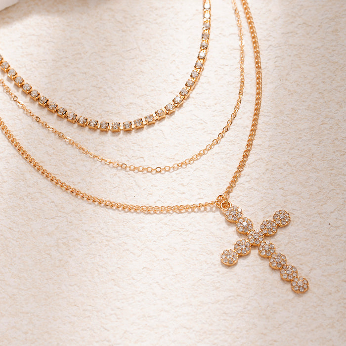 Wholesale Light luxury, niche design, cross necklace, fashionable retro, full diamond, layered, high-end, personalized accessory