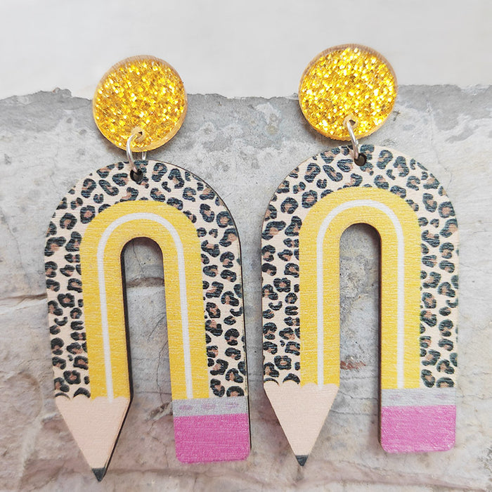 Wholesale 2 Pairs/Pack Wooden Printing Pencil U Shape Leopard Print Color Matching Earrings JDC-ES-HeYi072