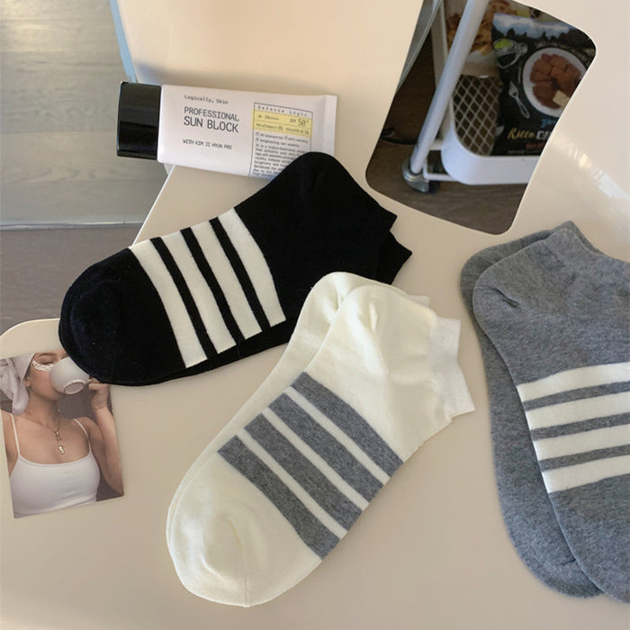 Wholesale Four bar striped boat socks, short socks, low cut pure cotton short tube socks