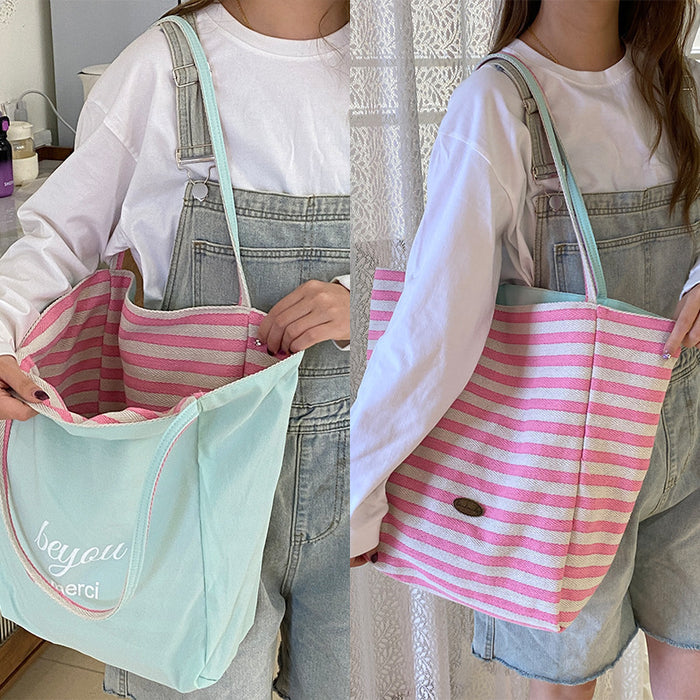 Wholesale Striped canvas bag, casual large capacity, reversible single shoulder tote bag, commuting bag
