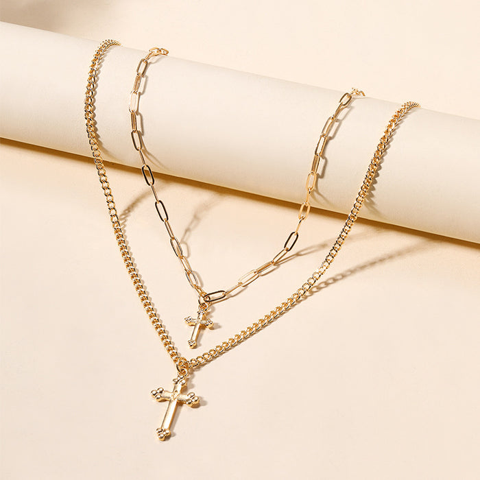 Wholesale Exaggerated jewelry, niche alloy chain pendant, simple cross, multi-layer necklace, women's collarbone chain wholesale