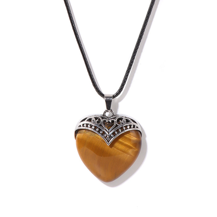Wholesale Heart shaped pendant necklace with stone beads and tiger' s eye adjustable leather cord