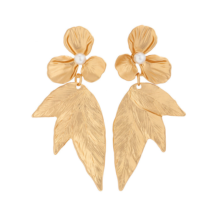 Wholesale Metallic Ginkgo Leaf and Flower Earrings Sweet and Cool Versatile Imitation Pearl Tassel Earrings